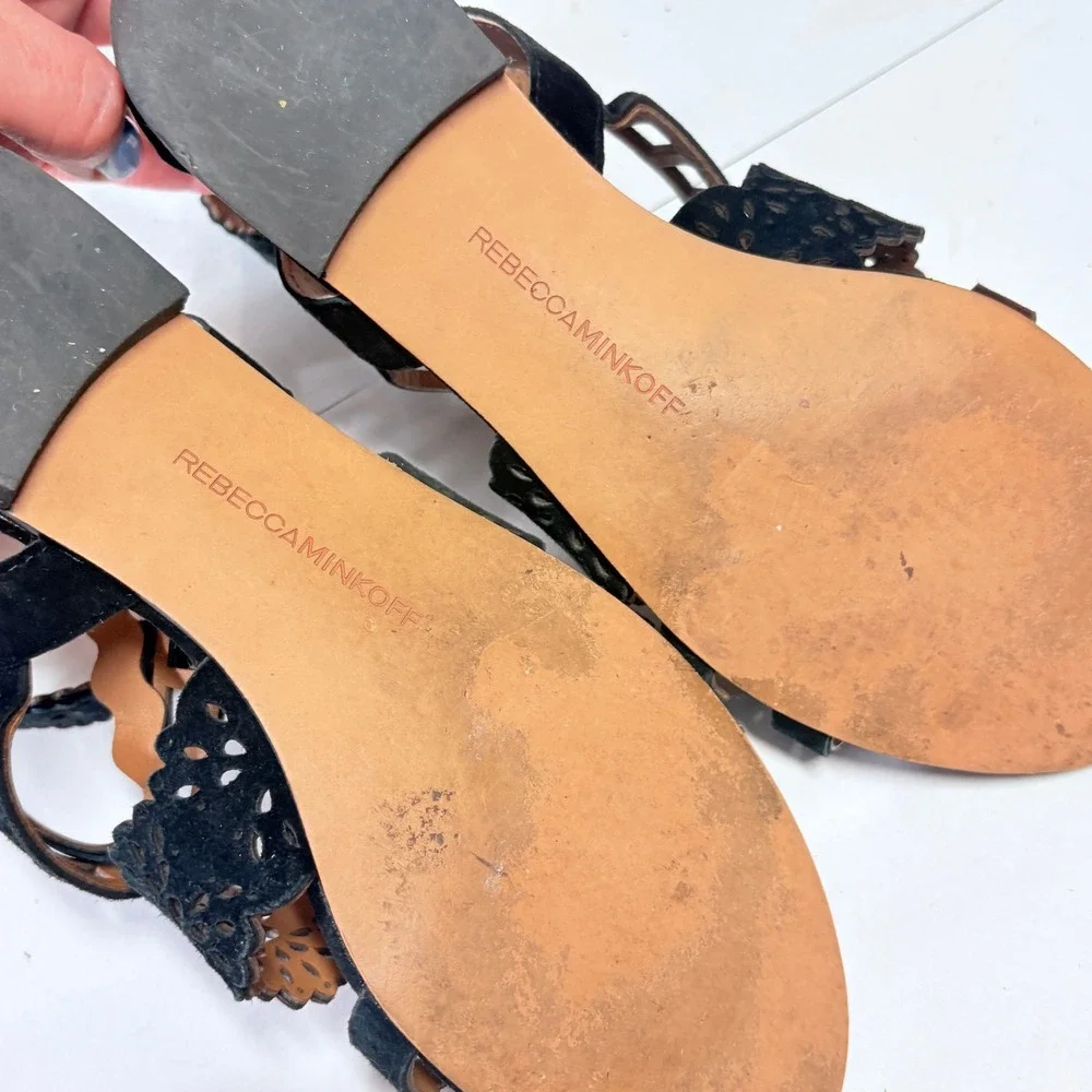 Rebecca Minkoff Black Suede Gladiator Sandal 7.5‎ Scalloped Boho Flat Festival